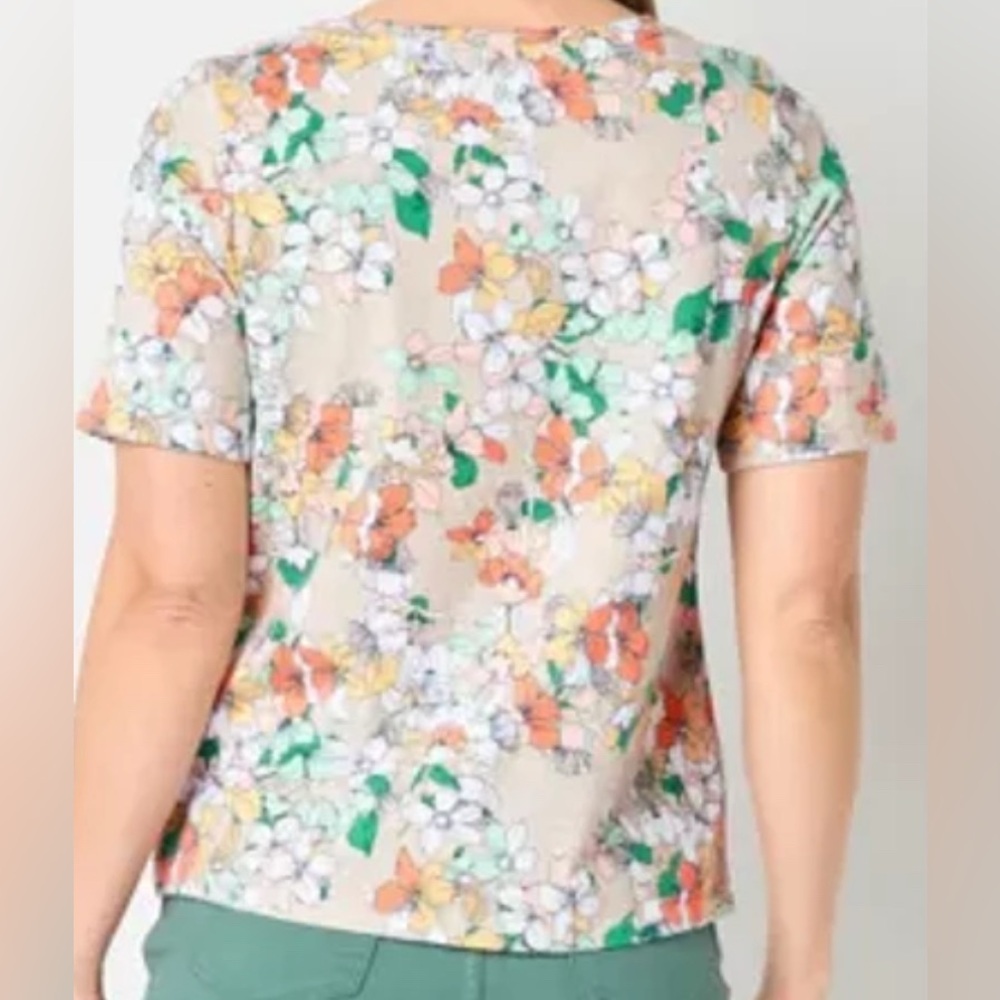 LIZ CLAIBORNE size LARGE orange & yellow Floral Short Sleeve Top - Picture 2 of 7